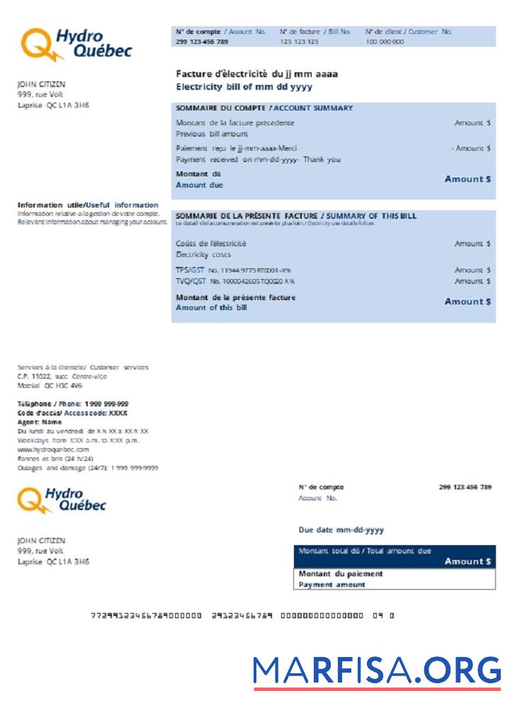 Downloadable Canada Hydro Québec utility bill template in .doc and .pdf format